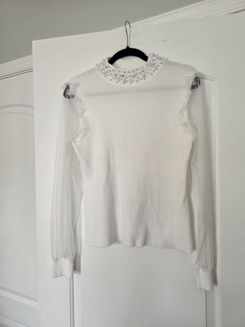 Belldini White Pearl-Trim Ribbed Long Sleeve Top